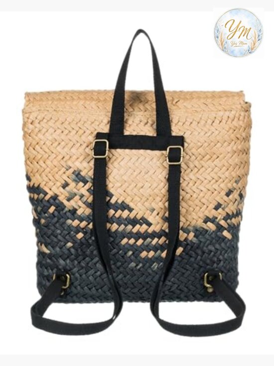 Woven Straw Backpack Flap Over Drawstring Closure Travel Lightweight